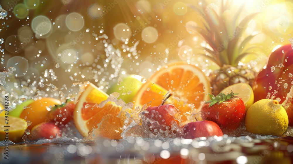 Poster fresh tropical fruits background with water splashes created with generative ai