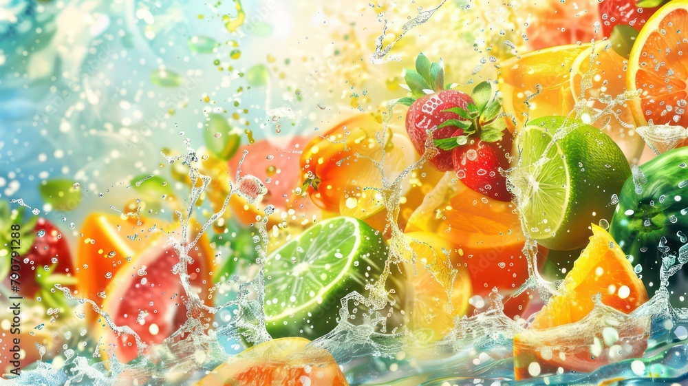 Poster fresh tropical fruits background with water splashes created with generative ai