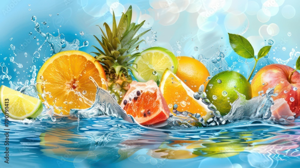 Poster fresh tropical fruits background with water splashes created with generative ai