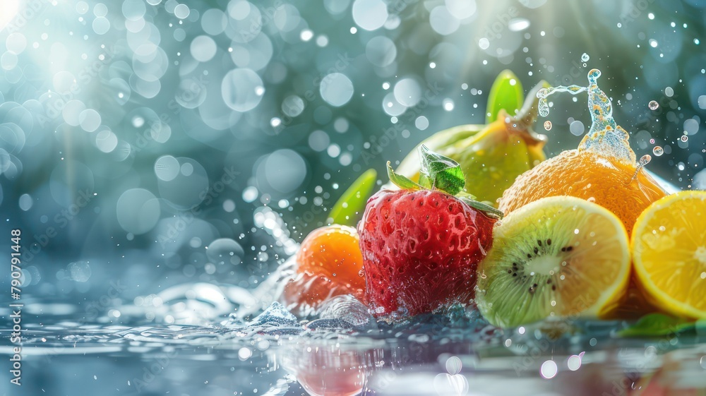 Poster fresh tropical fruits background with water splashes created with generative ai