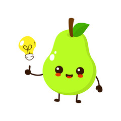 Cute funny cartoon pear fruit with idea light bulb