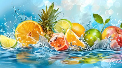 Fresh tropical fruits background with water splashes created with Generative AI