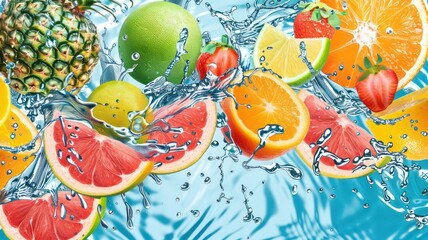 Fresh tropical fruits background with water splashes created with Generative AI