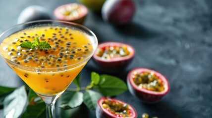 Tropical passion fruit cocktail garnished with mint on dark table, halved fruits and leaves around
