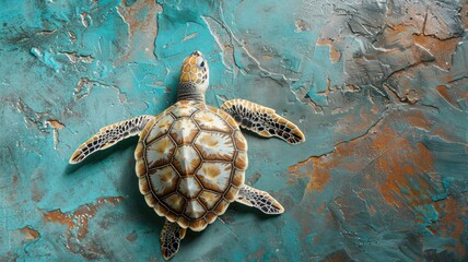 Sea turtle swimming over textured blue and orange ocean floor