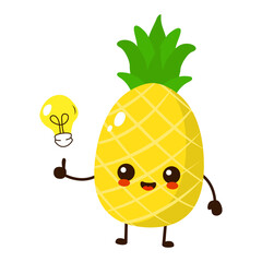 Cute funny cartoon pineapple fruit with idea light bulb