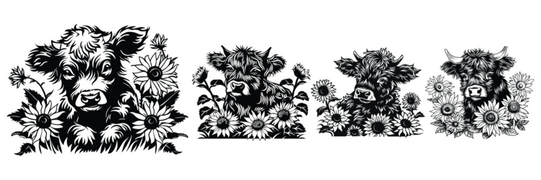 Set of Cute Baby Highland cow head design with flowers on a white background. Farm Animal, Cows logos or icons, Baby Cow, vector illustration.