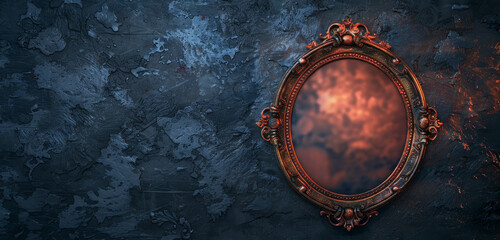 Antique ornate mirror with a dark blue grungy background. - obrazy, fototapety, plakaty