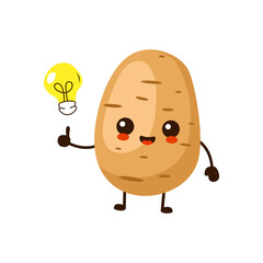 Cute funny cartoon potato fruit with idea light bulb