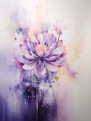 Watercolor illustration of waterlily flower  on purple background. Valentine, Woman's day and Mothers day concept,  art for design poster, greeting card, banner, wedding invitation