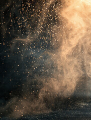 Golden particles floating in a black space creating an abstract effect of space dust.
