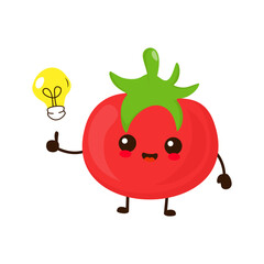 Cute funny cartoon tomato  fruit with idea light bulb