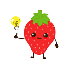 Cute funny cartoon strawberry fruit with idea light bulb