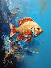 Aquarium with goldfish in water splashes and bubbles on blue background, impasto oil painting. Illustration for poster, print, wed design, banner. Water drops. Summer design.
