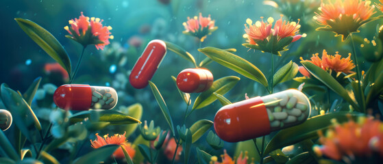  Nutritional supplement background. Capsules or pills on the green leaf. Mockup for heals supporting, vitamins. Herbal organic medicine treatment. Generative ai