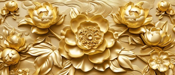 Graphite modern gold Chinese pattern. Oriental flower. Peony template.