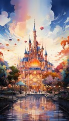 A beautiful painting of a fantasy castle with a colorful sky and a moat around it.