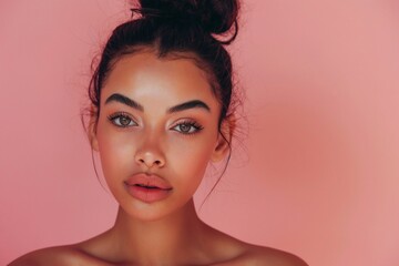 Attractive mixed race woman with hair in a natural bun, showcasing her natural beauty and radiant skin on a pastel pink background.