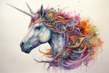 A unicorn with a rainbow mane and a single horn on its head. The background is white and the unicorn is facing the left of the image. The mane is made up of many different colors, including red, orang - obrazy, fototapety, plakaty