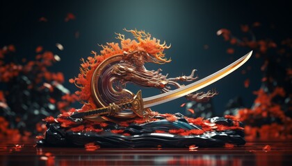 A samurai sword with a fiery orange hilt and a blade made of flowing water. - obrazy, fototapety, plakaty