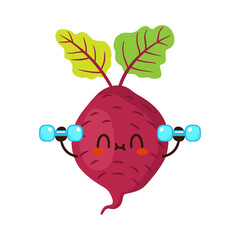 Cute funny beet vegetable is doing gym with dumbbells