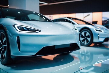 close-up of a futuristic EV car at a car dealer showroom with copy space.