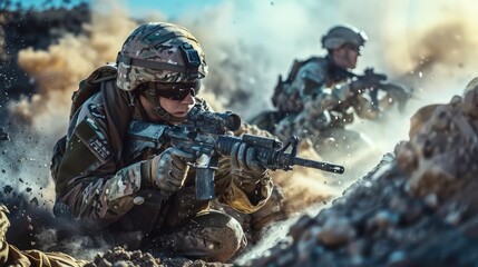 Photo of soldiers at war. AI generated.