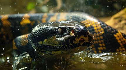 Fototapeta premium Close-up photo of anaconda head. AI generated.