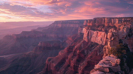 Mountain cliff edge overlooking epic canyon landscape at sunrise with beautiful colorful sky and clouds - Powered by Adobe