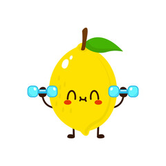 Cute funny lemon fruit is doing gym with dumbbells