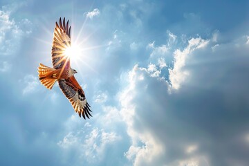 Red kite in flight against a blue sky with sunbeams