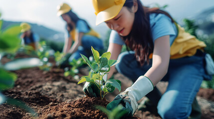 Corporate Social Responsibility: Volunteers planting trees, caring and impactful, morning, inspirational, 
