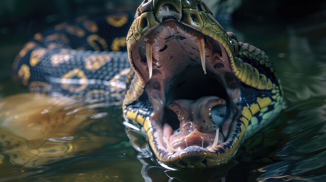 Photo of big anaconda attack. AI generated.