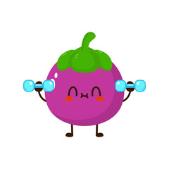 Cute funny mangosteen fruit is doing gym with dumbbells