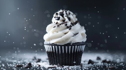 Close-up photo of the sweet chocolate cupcake. AI generated.
