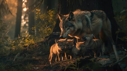 Wild mother wolf with her baby wolves. AI generated.