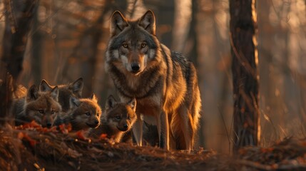 Mother wolf with her baby wolves in the wild forest. AI generated.