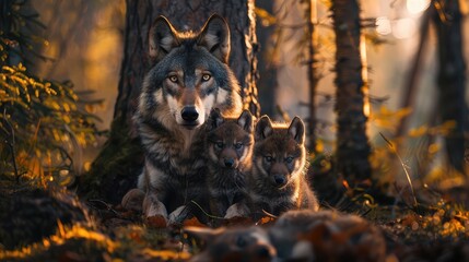 Mother wolf with her baby wolves. AI generated.