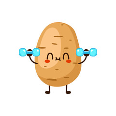 Cute funny potato is doing gym with dumbbells