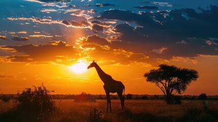 African landscape silhouette on sunset background. AI generated.