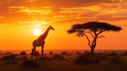 Giraffe in Africa silhouette on sunset background. AI generated.