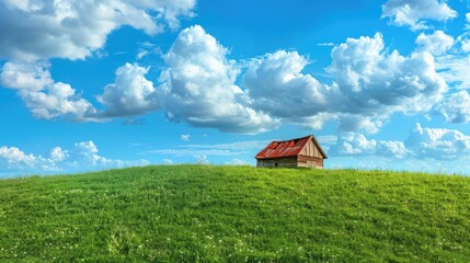 Lonely house on a green hill with a beautiful cloudy sky. AI generated.