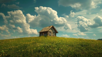 Lonely house on a green hill with a blue cloudy sky. AI generated.