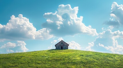Cozy house on a green hill with a beautiful cloudy sky. AI generated.