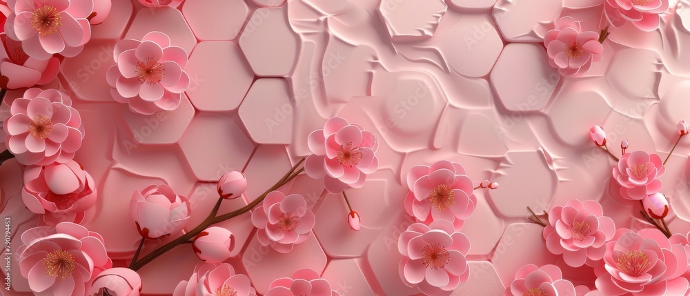 Poster cherry blossom flower pattern with a pink japanese style. a hexagonal background.