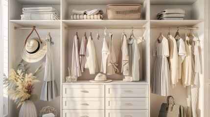 A white closet with a hat hanging on a hanger