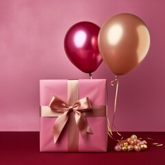 gift box balloons pink background