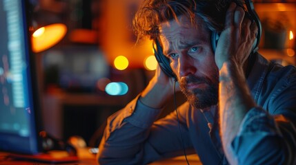 Obraz premium Man with headphones looking at computer screen