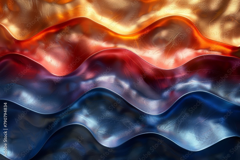 Poster an artistic representation with vivid waves in orange, red, and blue tones, creating a dynamic and e
