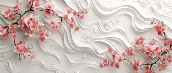 A cherry blossom banner with a Japanese pattern modern. With a flower background and elements such as clouds, bonsai, bamboo, and waves.